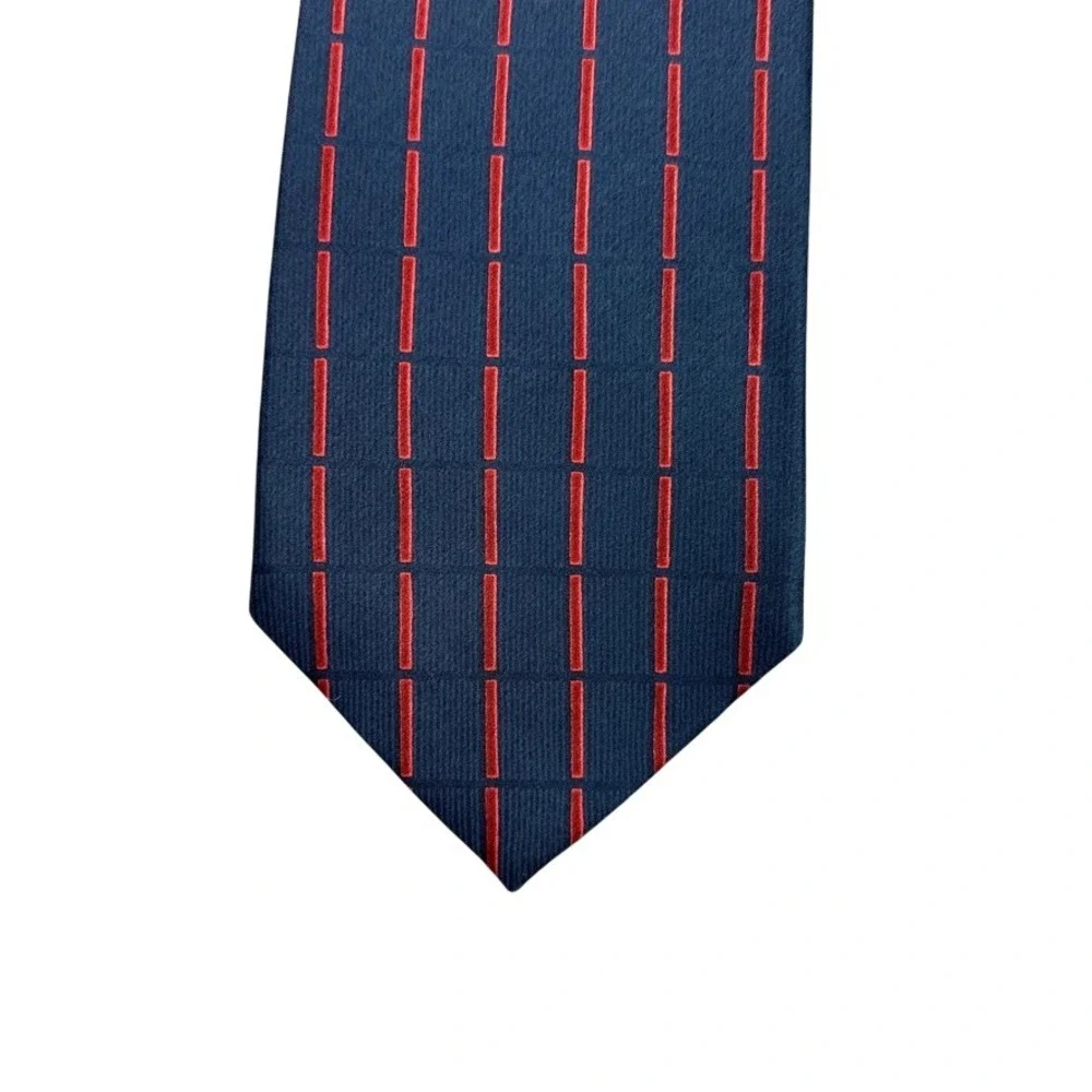Gianfranco Ferre Mens Silk Tie Navy Blue Red Geometric Dash Made in Italy